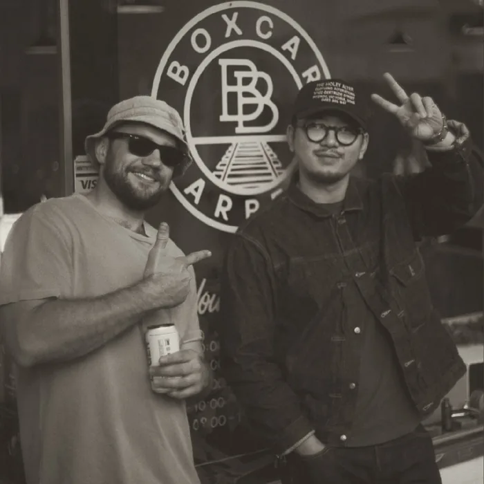Mates out front of Boxcar Barbers